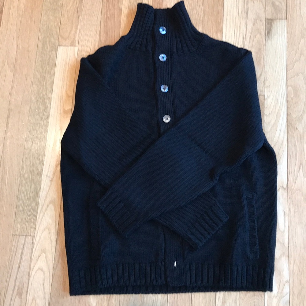 Men’s black wool, button front cardigan, large